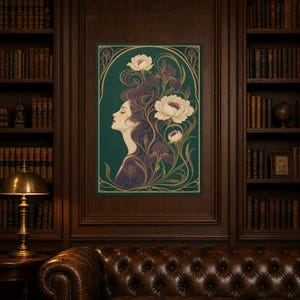 Art Nouveau Wall Art Print | Woman with Iris Flowers Poster | Modern New Botanical | Jade Plum Ivory Elegant Wall Decor image 5