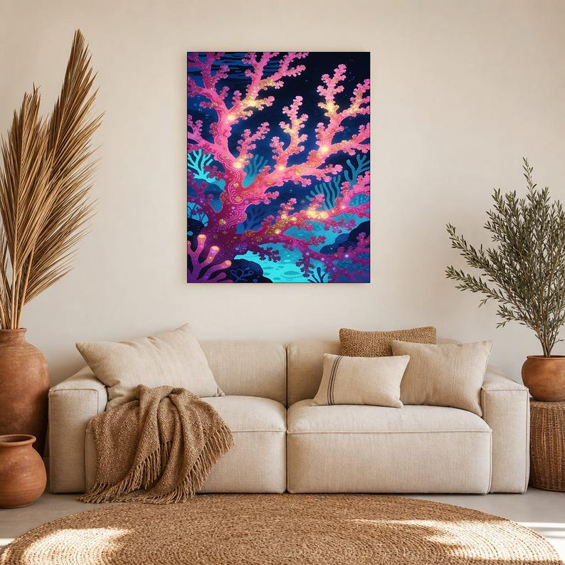 Bioluminescent Coral Reef Poster | Deep Sea Ocean Bathroom Wall Art Print | Dark Coastal Night Print image 8