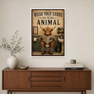 Funny Highland Cow Bathroom Wall Art Print | Wash Your Hands Poster | Vintage Farmhouse Bathroom Print image 2