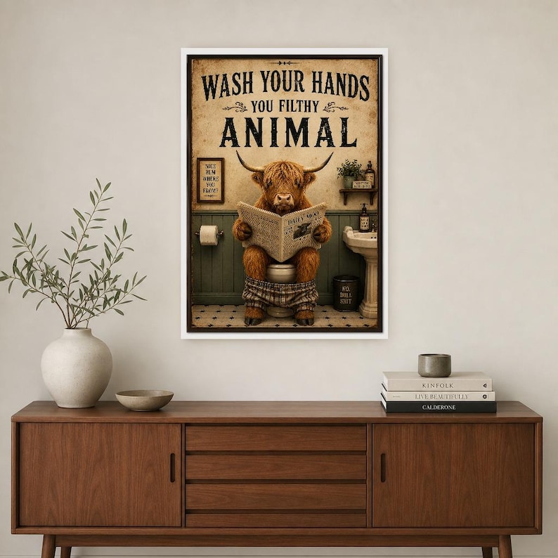 Funny Highland Cow Bathroom Wall Art Print | Wash Your Hands Poster | Vintage Farmhouse Bathroom Print image 2