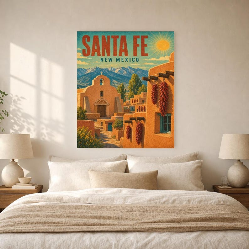 Santa Fe Travel Poster | Vintage Adobe Pueblo Print | New Mexico Wall Art Print | Mid Century City Decor image 5