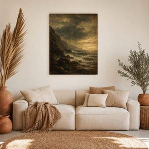 Moody Stormy Rocky Coast Wall Art Print | Vintage Oil Painting Print | Dramatic Seascape Tonalist Decor | Antique Cliff Poster image 7
