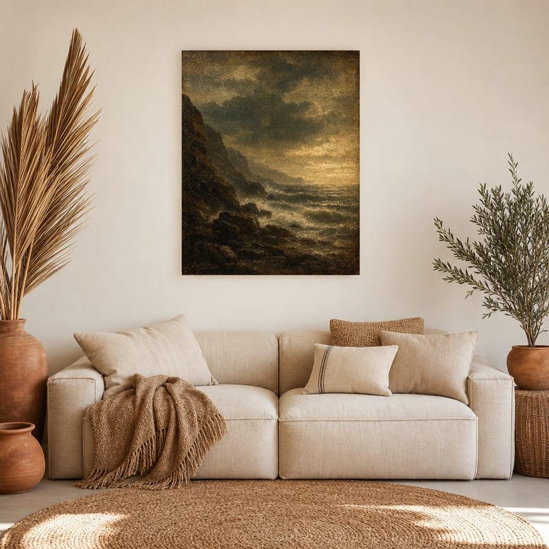Moody Stormy Rocky Coast Wall Art Print | Vintage Oil Painting Print | Dramatic Seascape Tonalist Decor | Antique Cliff Poster image 7