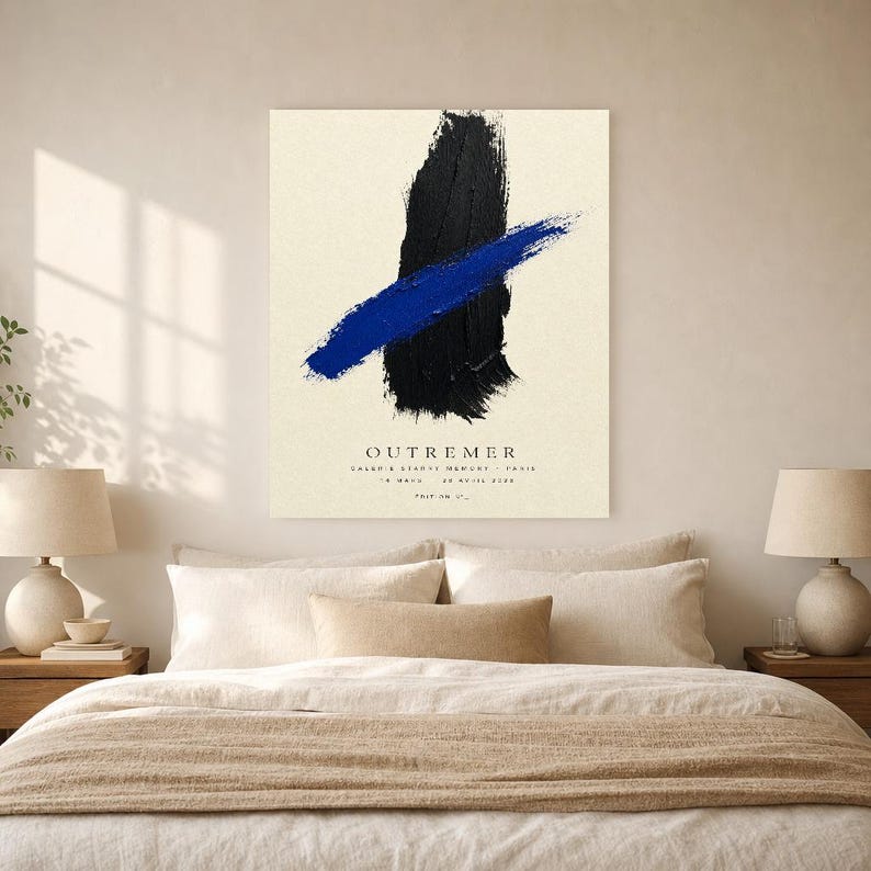 Zagranica | Abstrakcyjna sztuka ścienna | Nowoczesny plakat galeryjny | Minimalistyczny wydruk w kolorze niebieskim i czarnym | Wydruk i wysyłka zdjęcie 6
