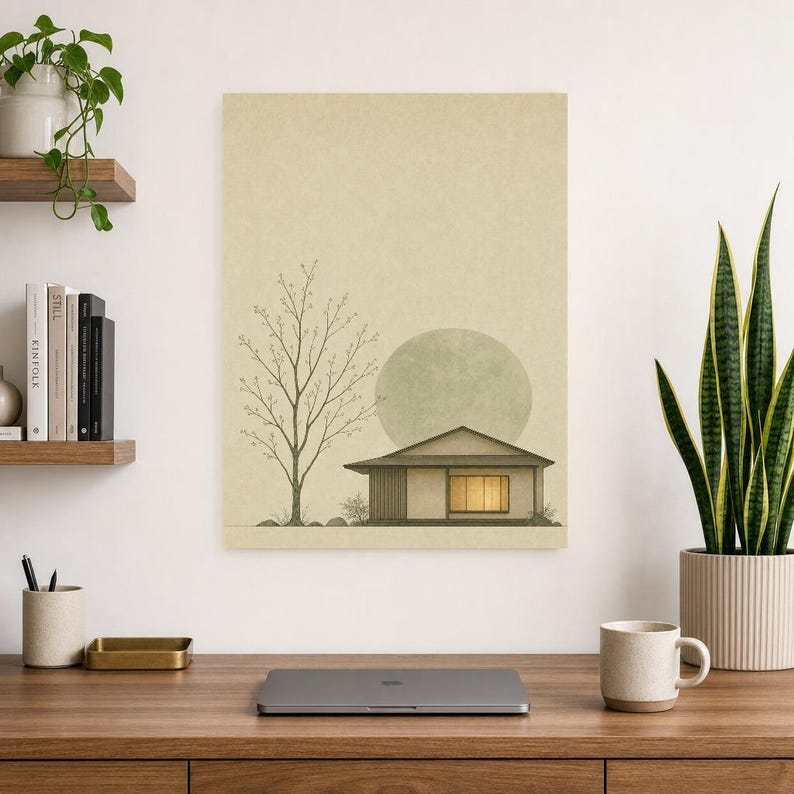 Sage Green Japandi Wall Art Print | Serenity House and Moon | Wabi Sabi Minimal Bedroom Poster image 8