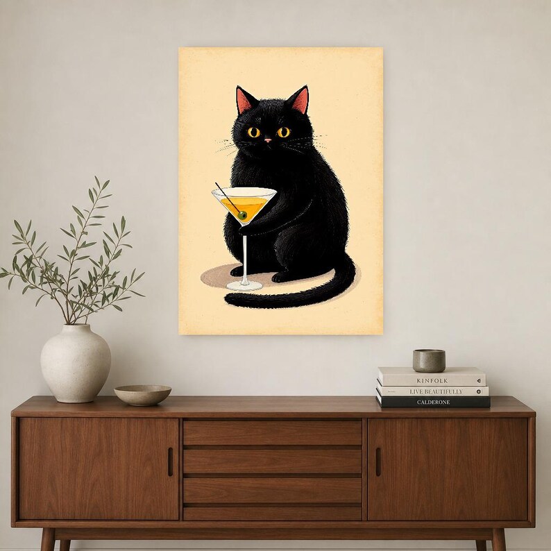 Black Cat Cocktail Wall Art | Funny Martini Bar Cart Poster | Retro Kitchen Bar Print image 2