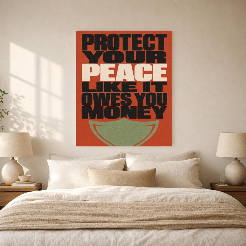 Skydda din fred-poster | Djärv typografisk väggkonsttryck | Självvårdscitattryck | Boho bekräftelsedekor | Gåva för mental hälsa bild 7
