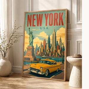 New York Travel Poster | Vintage Skyline Print | USA Wall Art | Printed & Shipped image 1