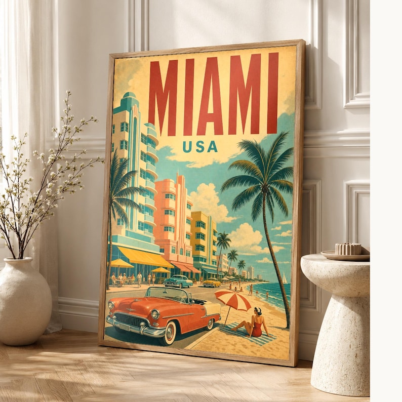 Miami Travel Poster | Vintage Art Deco Print | USA Wall Art | Printed & Shipped image 1