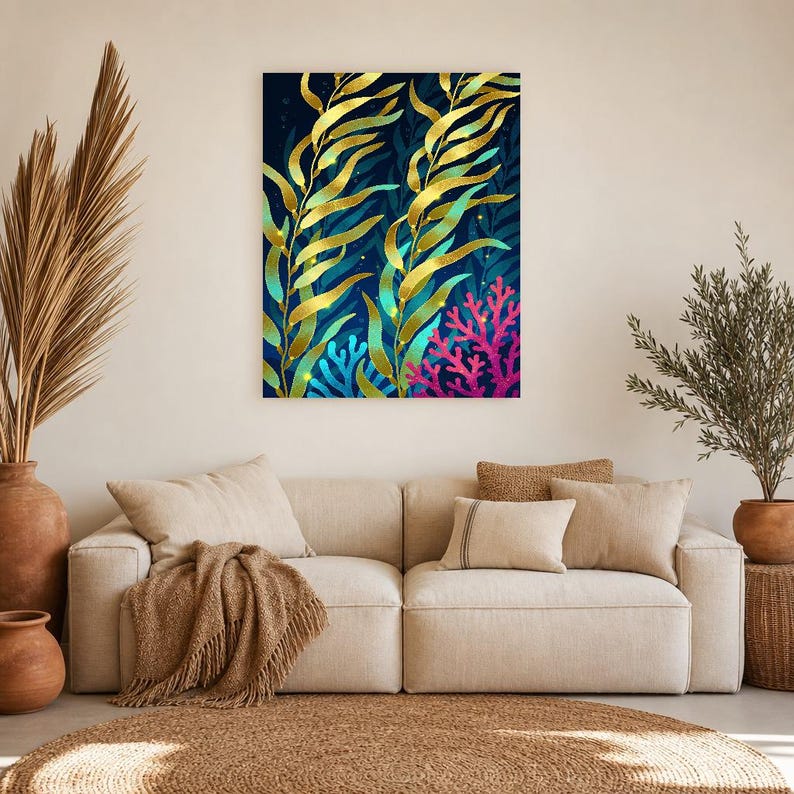 Bioluminescent Kelp Forest Poster | Deep Sea Ocean Bathroom Wall Art Print | Dark Coastal Night Print image 11