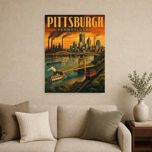 Pittsburgh Travel Poster | Vintage Three Rivers Bridges Print | Pennsylvania Wall Art Print | Mid Century City Decor image 8