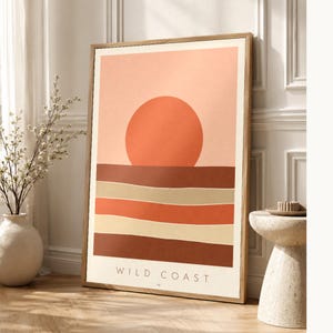 Rust Sun Coastal Cliffs Wall Art Print | Minimalist Named Sun Poster | Cut-Paper Mid-Century Print | Blush Boho Decor image 1