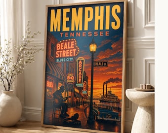Memphis Travel Poster | Vintage 1950s Beale Street Blues Print | Tennessee Wall Art Print | Mid Century City Decor