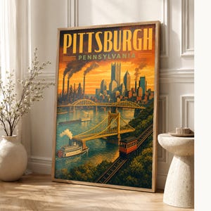 Pittsburgh Travel Poster | Vintage Three Rivers Bridges Print | Pennsylvania Wall Art Print | Mid Century City Decor image 1