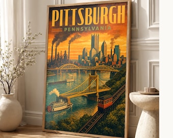 Pittsburgh Travel Poster | Vintage Three Rivers Bridges Print | Pennsylvania Wall Art Print | Mid Century City Decor
