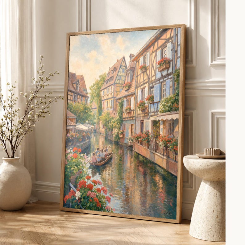 Colmar Travel Poster | Soft Painting France Wall Art | Alsace Little Venice Canal Print | Printed & Shipped image 1