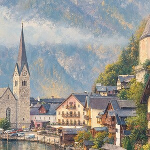 Póster de viaje de Hallstatt | Pintura suave para pared en Austria | Lámina de pueblo alpino junto al lago | Impreso y enviado imagen 3