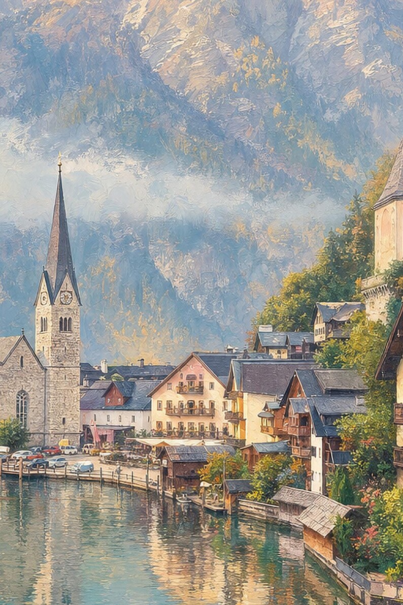 Póster de viaje de Hallstatt | Pintura suave para pared en Austria | Lámina de pueblo alpino junto al lago | Impreso y enviado imagen 3