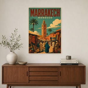 Plakat podróżniczy z Marrakeszu | Druk z targu w stylu vintage | Sztuka ścienna z Maroka | Wydruk i wysyłka zdjęcie 2