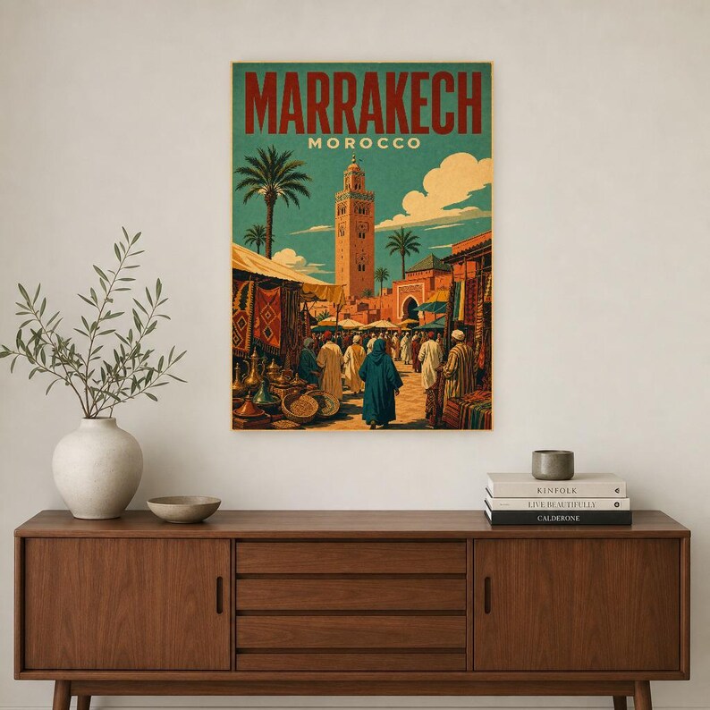 Plakat podróżniczy z Marrakeszu | Druk z targu w stylu vintage | Sztuka ścienna z Maroka | Wydruk i wysyłka zdjęcie 2