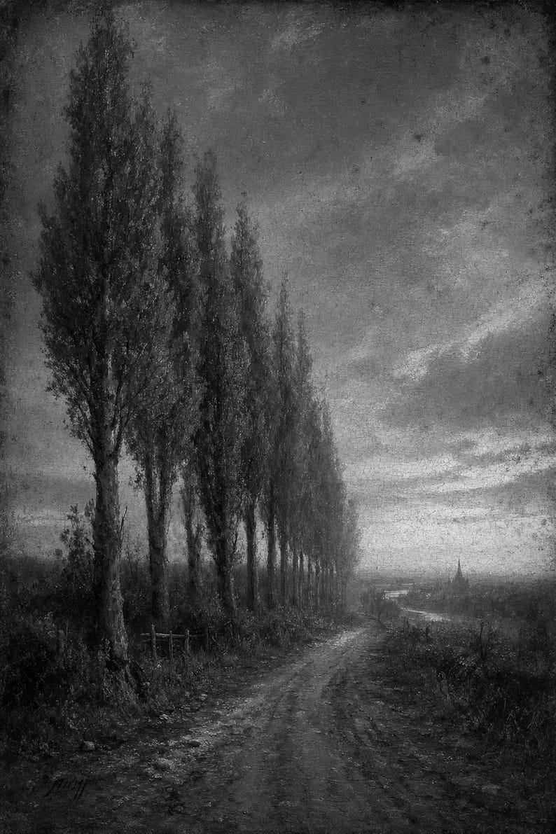 Moody Country Lane Pappelbäume Wandkunstdruck | Vintage Ölgemälde Druck | Golden Horizon Tonalistisches Dekor | Antikes Wegposter Bild 11