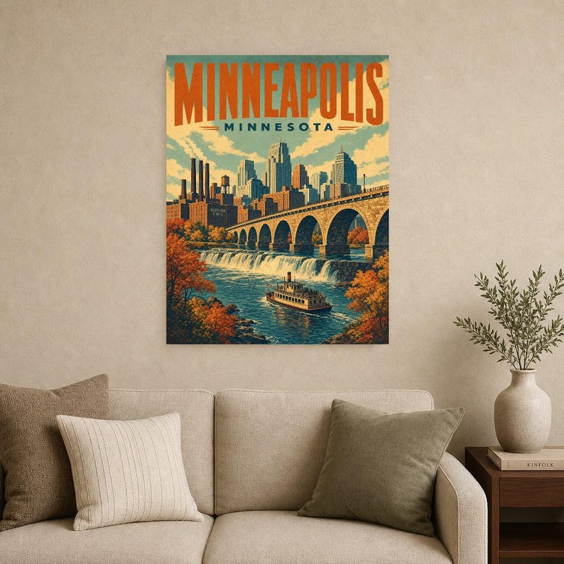 Minneapolis Travel Poster | Vintage Stone Arch Bridge Print | Minnesota Wall Art Print | Mid Century City Decor image 8