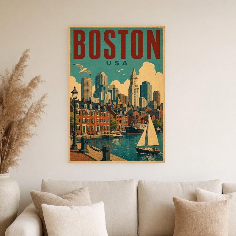 Boston Travel Poster | Vintage 1950s Skyline Harbor Print | Retro Massachusetts Wall Art Print | Mid Century City Decor image 4