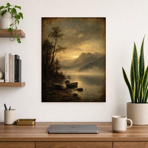 Moody Mountain Lake Rowboat Wall Art Print | Vintage Oil Painting Print | Misty Tonalist Landscape Decor | Ancient Dawn Poster image 8