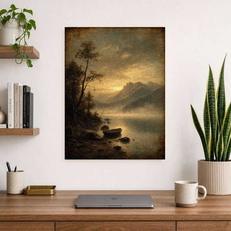 Moody Mountain Lake Rowboat Wall Art Print | Vintage Oil Painting Print | Misty Tonalist Landscape Decor | Ancient Dawn Poster image 8