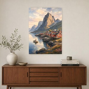 Lofoten Travel Poster | Soft Painting Norway Wall Art | Queen Fjord Fishing Village Print | Printed & Shipped image 2
