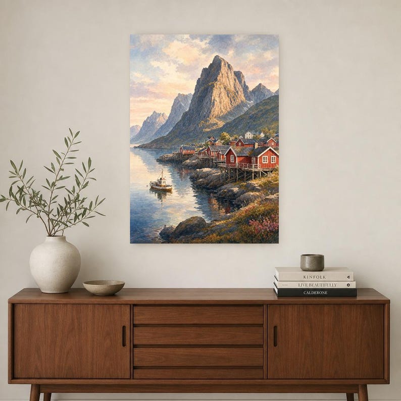 Lofoten Travel Poster | Soft Painting Norway Wall Art | Queen Fjord Fishing Village Print | Printed & Shipped image 2