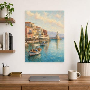 Crete Travel Poster | Soft Painting Greece Wall Art | Chania Old Harbour Coastal Print | Printed & Shipped image 8