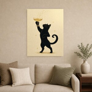 Arte de pared de champán de gato negro | Póster Coupé dorado | Impresión del carrito de la barra | Decoración de celebración del Chic Noir C imagen 9