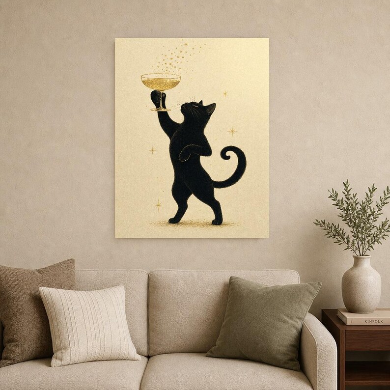 Arte de pared de champán de gato negro | Póster Coupé dorado | Impresión del carrito de la barra | Decoración de celebración del Chic Noir C imagen 9
