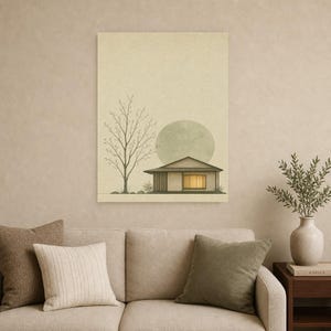 Sage Green Japandi Wall Art Print | Serenity House and Moon | Wabi Sabi Minimal Bedroom Poster image 9