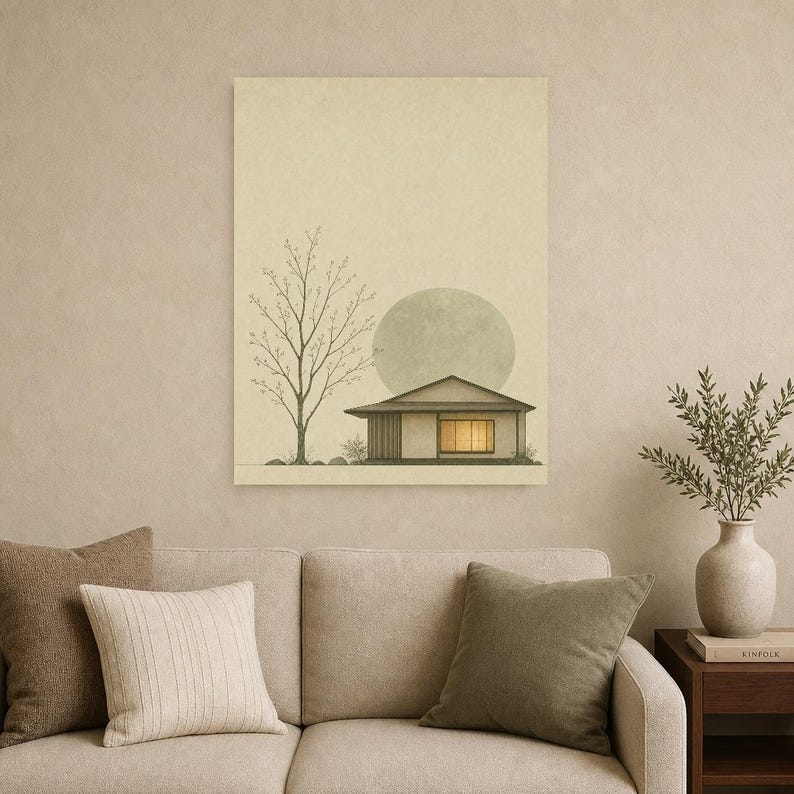 Sage Green Japandi Wall Art Print | Serenity House and Moon | Wabi Sabi Minimal Bedroom Poster image 9
