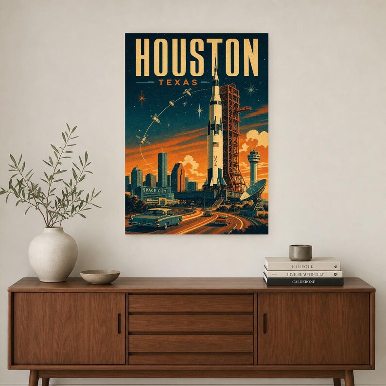 Houston Travel Poster | Vintage Space City Rocket Print | Texas Wall Art Print | Mid Century City Decor image 2