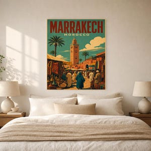 Plakat podróżniczy z Marrakeszu | Druk z targu w stylu vintage | Sztuka ścienna z Maroka | Wydruk i wysyłka zdjęcie 6