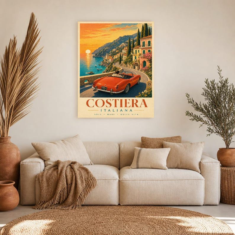 Vintage Car Wall Art Print | Italian Coast Road Trip Poster | Riviera Convertible Print | Dolce Vita Sunset Decor | Mediterranean Travel Art image 7