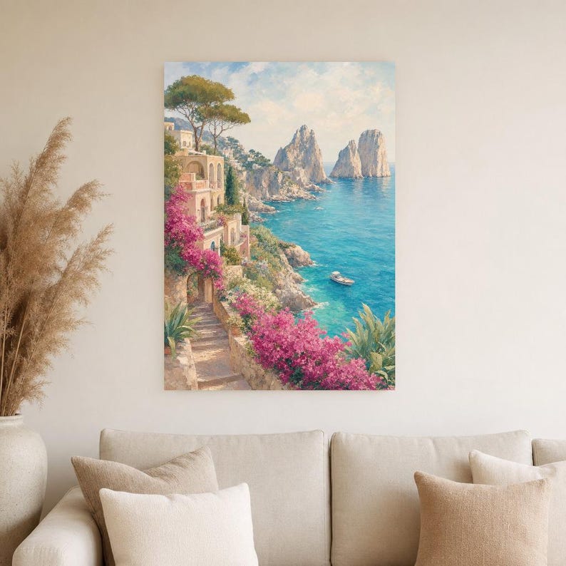 Pôster de Viagem para Capri | Pintura Suave para Parede | Arte Italiana | Impressão Costeira Mediterrânea com Faraglioni | Impresso e Enviado imagem 4
