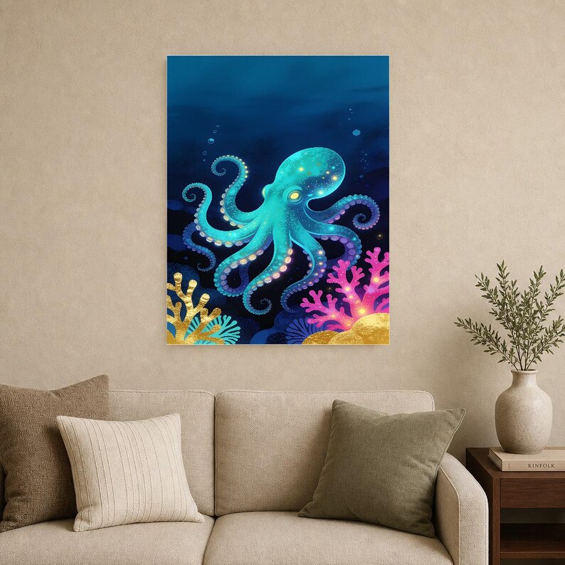Bioluminescent Octopus Poster | Deep Sea Ocean Bathroom Wall Art Print | Dark Coastal Night Print image 15