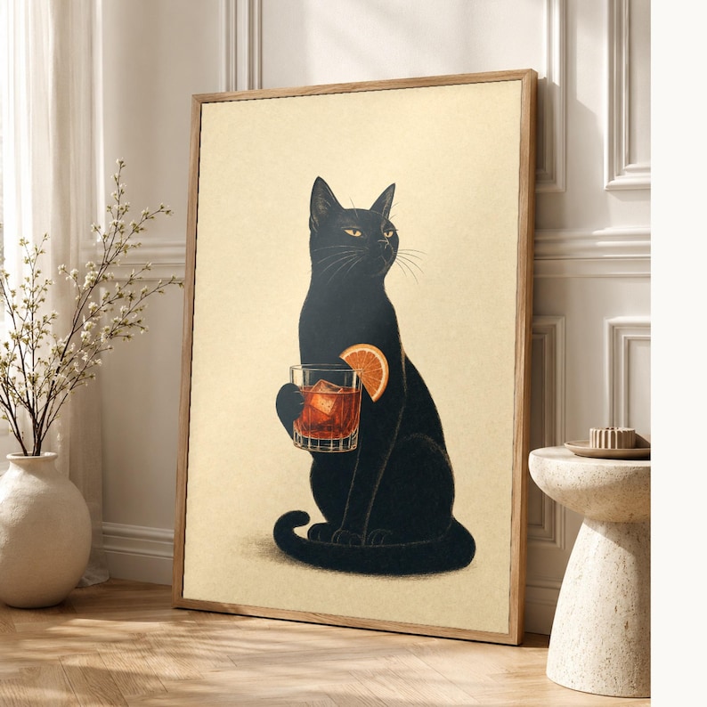 Black Cat Negroni Wall Art Print | Orange Slice Cocktail Poster | Bar Cart Print | Funny Black Cat Club Decor image 1