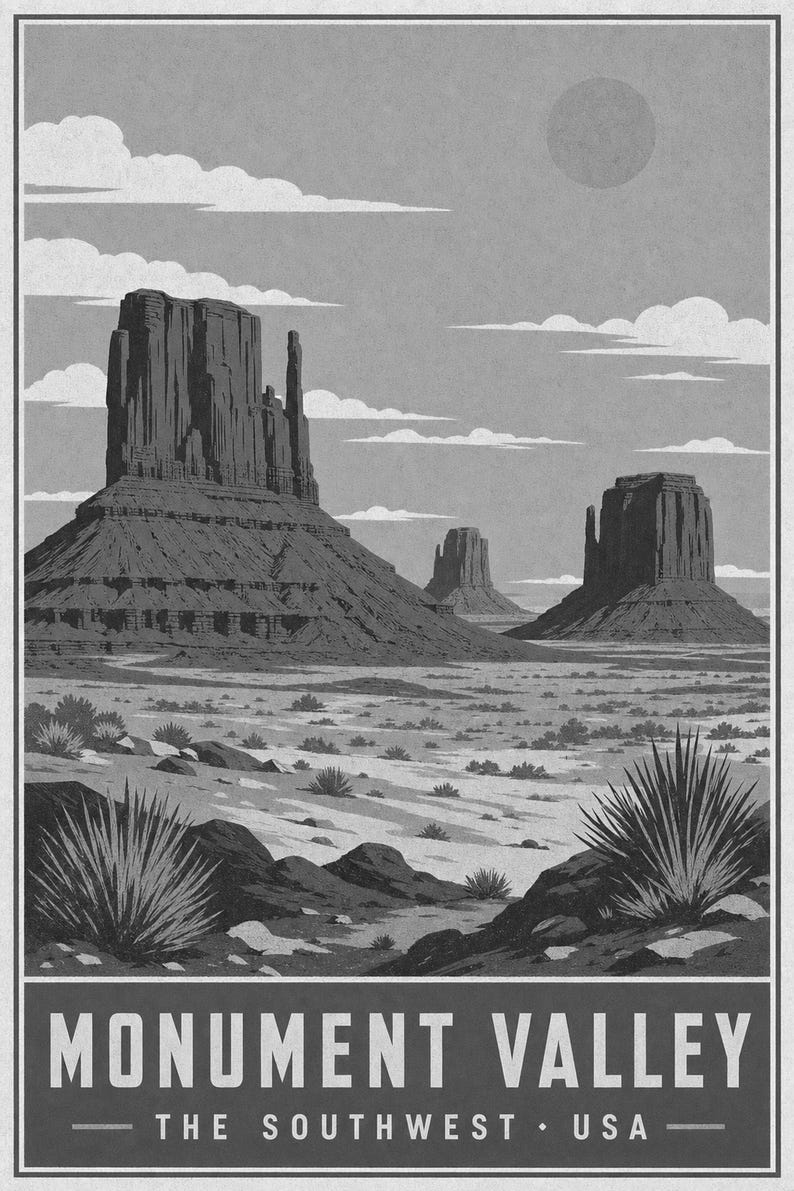 Monument Valley Reiseposter | Vintage Wüstenwandkunst | Südwesten der USA Druck | Dekor im Nationalpark-Stil | Rote Felskunst Bild 10