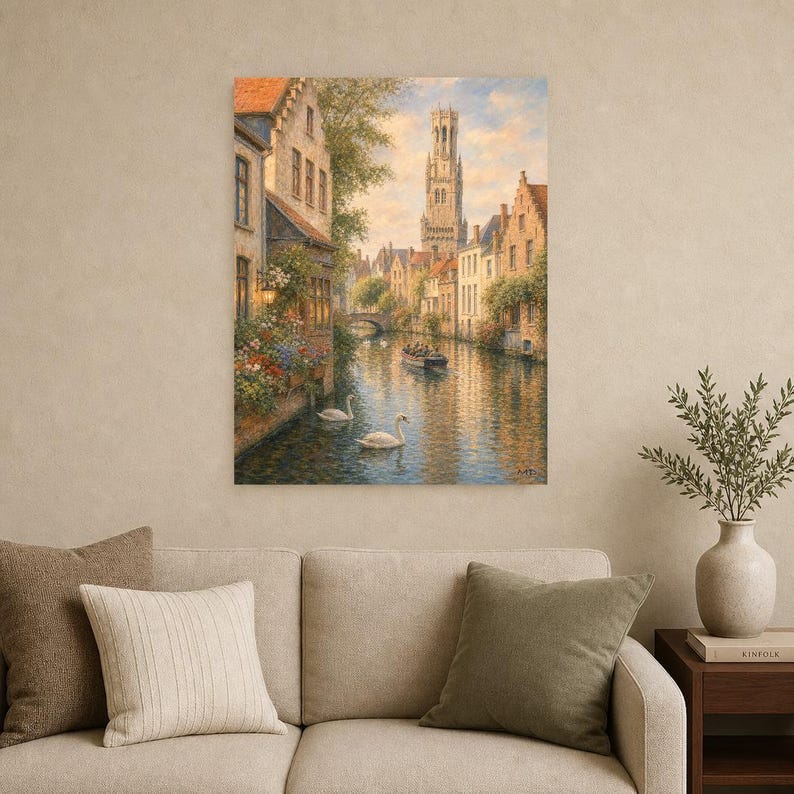 Bruges Travel Poster | Soft Painting Belgium Wall Art | Medieval Canal Cityscape Print | Printed & Shipped image 9