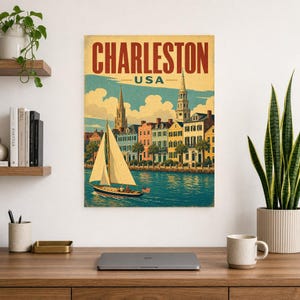 Póster turístico de Charleston | Lámina vintage de Rainbow Row de los años 50 | Arte mural retro de Carolina del Sur | Decoración de mediados de siglo imagen 8
