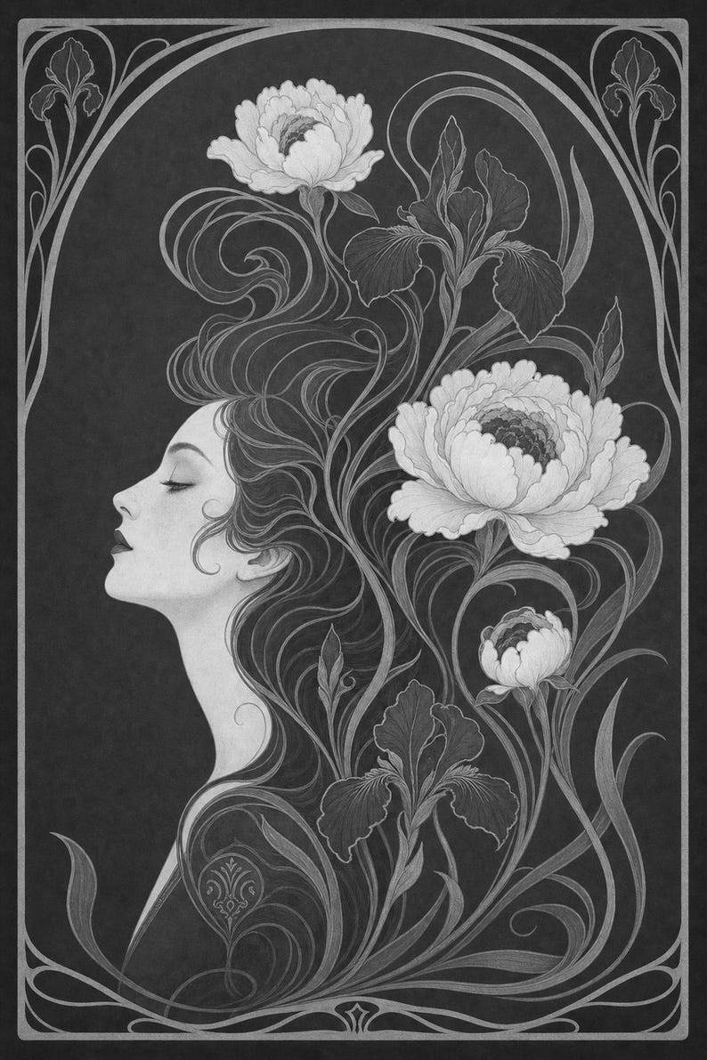 Art Nouveau Wall Art Print | Woman with Iris Flowers Poster | Modern New Botanical | Jade Plum Ivory Elegant Wall Decor image 10