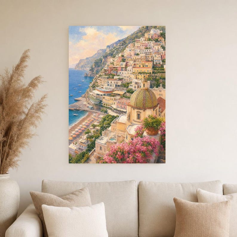 Positano reisposter | Zachte schildering Amalfikust print | Italiaanse muurdecoratie | Kustdecoratie | Gedrukt en verzonden afbeelding 4