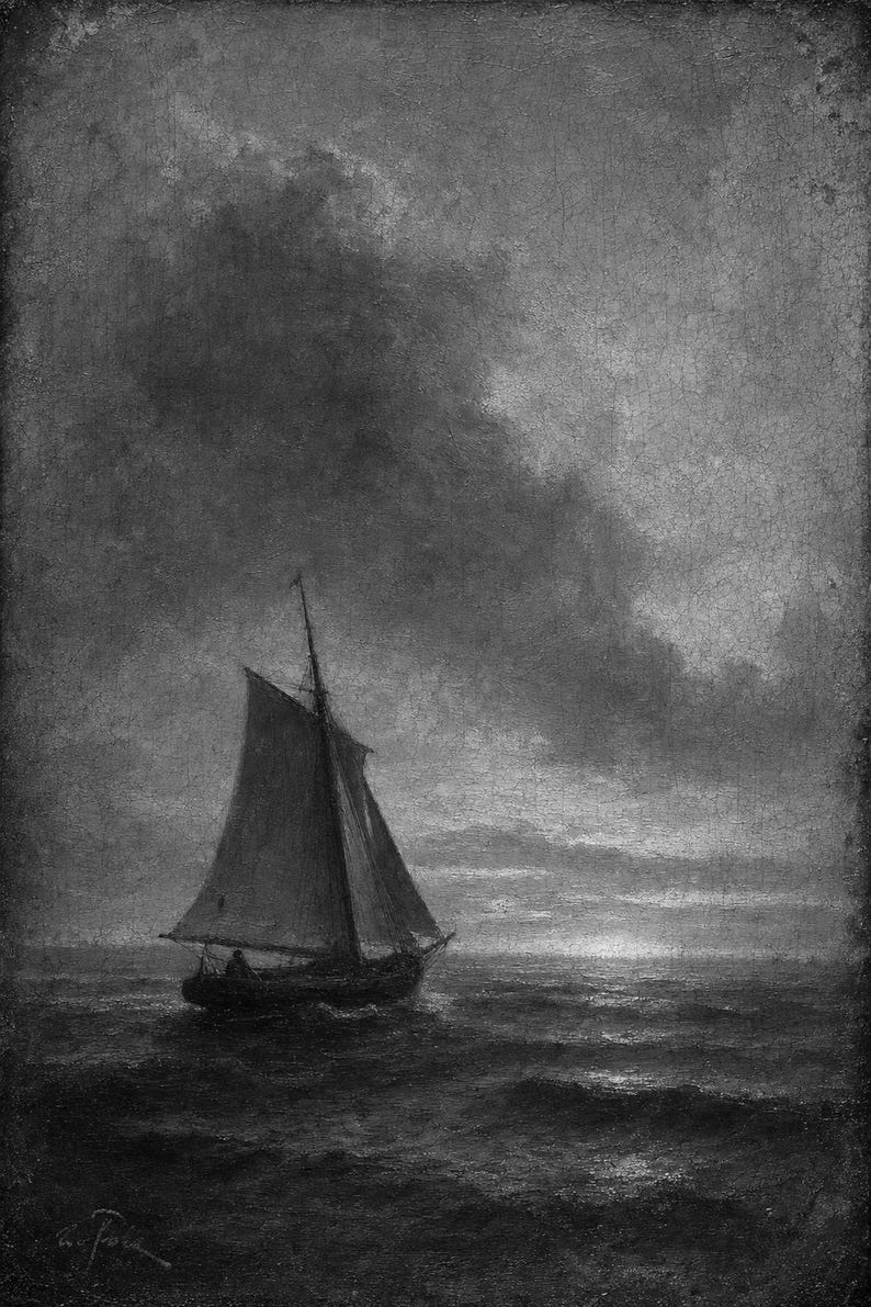 Moody Vintage Sailboat Seascape Wall Art Print | Antique Oil Painting Print | Dark Academia Coastal Decor | Tonalist Marine Poster image 10