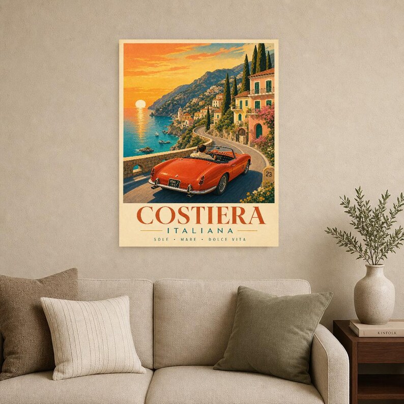 Vintage Car Wall Art Print | Italian Coast Road Trip Poster | Riviera Convertible Print | Dolce Vita Sunset Decor | Mediterranean Travel Art image 9