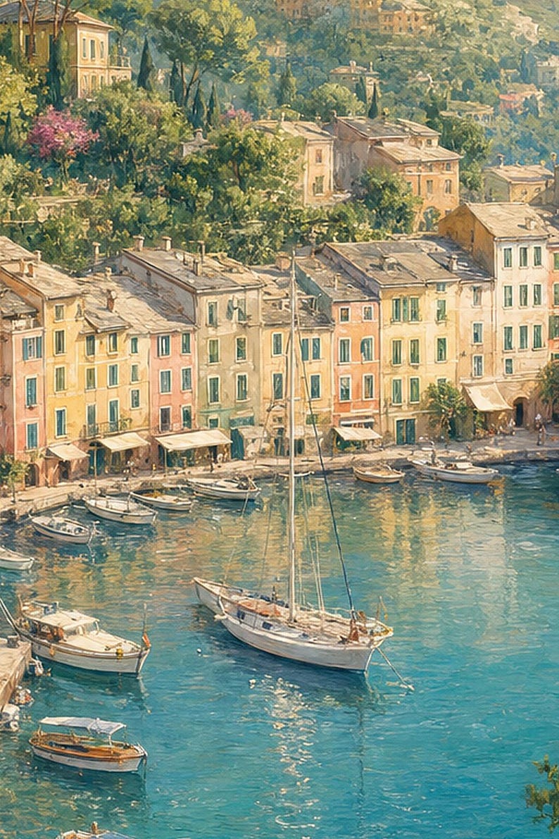 Pôster de viagem de Portofino | Pintura suave para decoração de parede da Itália | Impressão do porto da Riviera Italiana | Impresso e enviado imagem 3